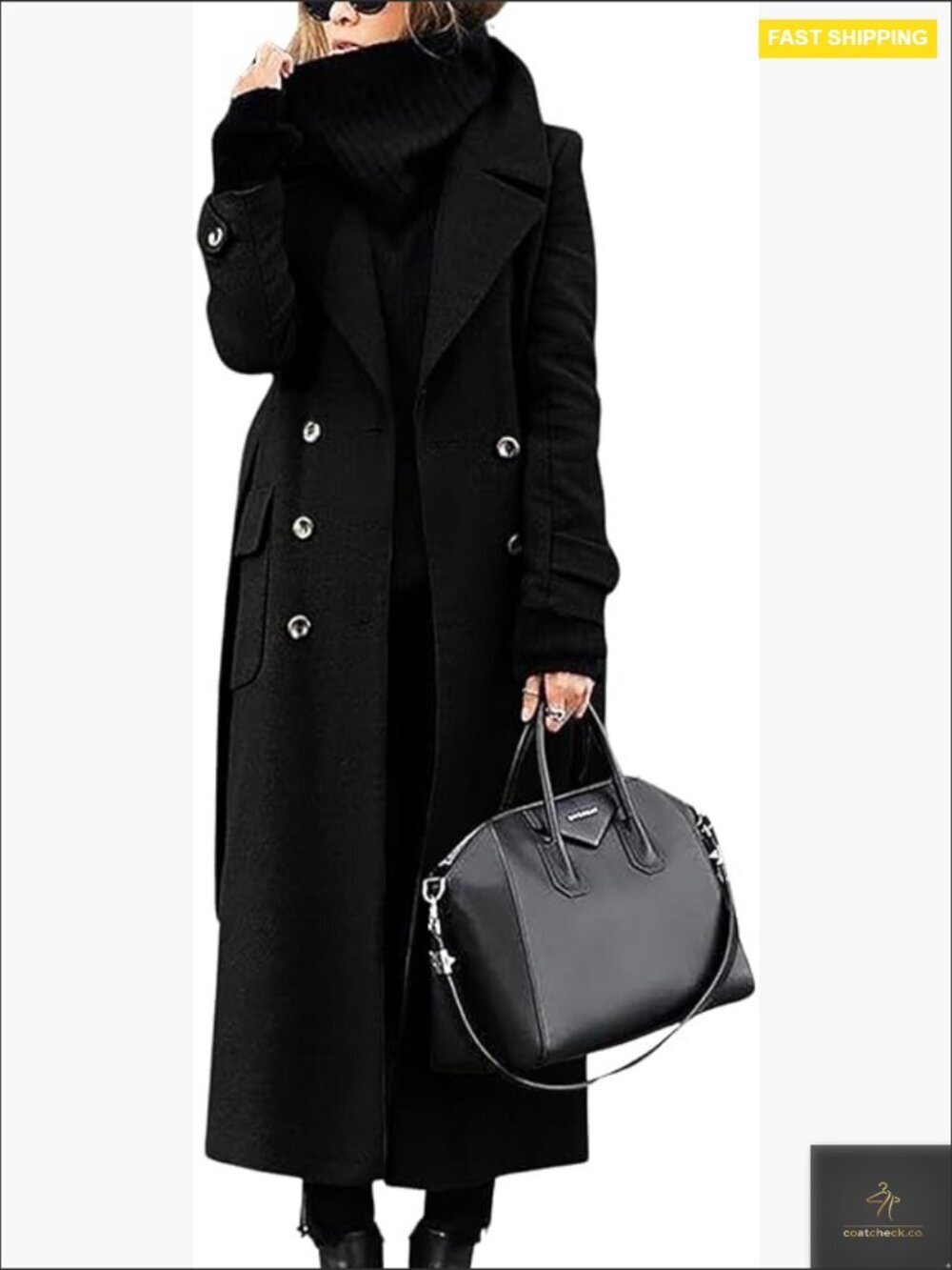 Elegant Double Breasted Wool Pea Coat Notched Lapel Belted Trench